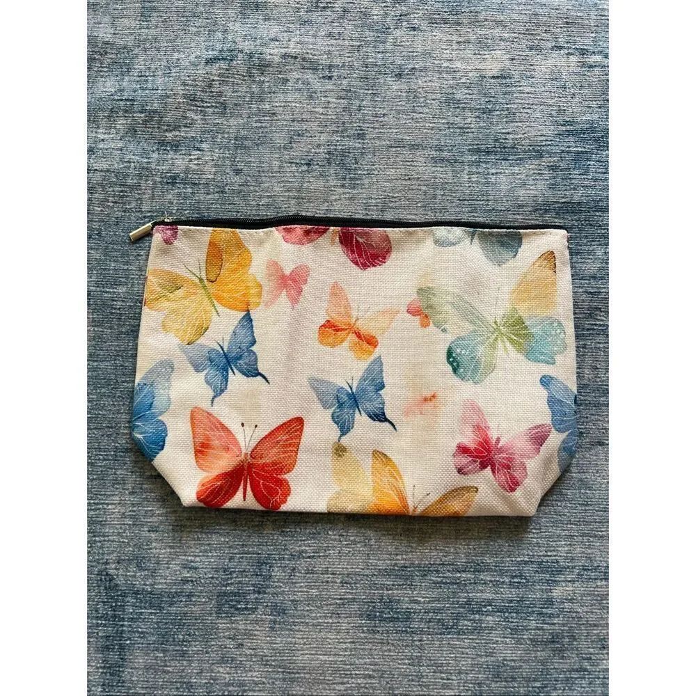 Rainbow Colors Butterflies Cotton Canvas Small Makeup Bag Travel Toiletry Pouch